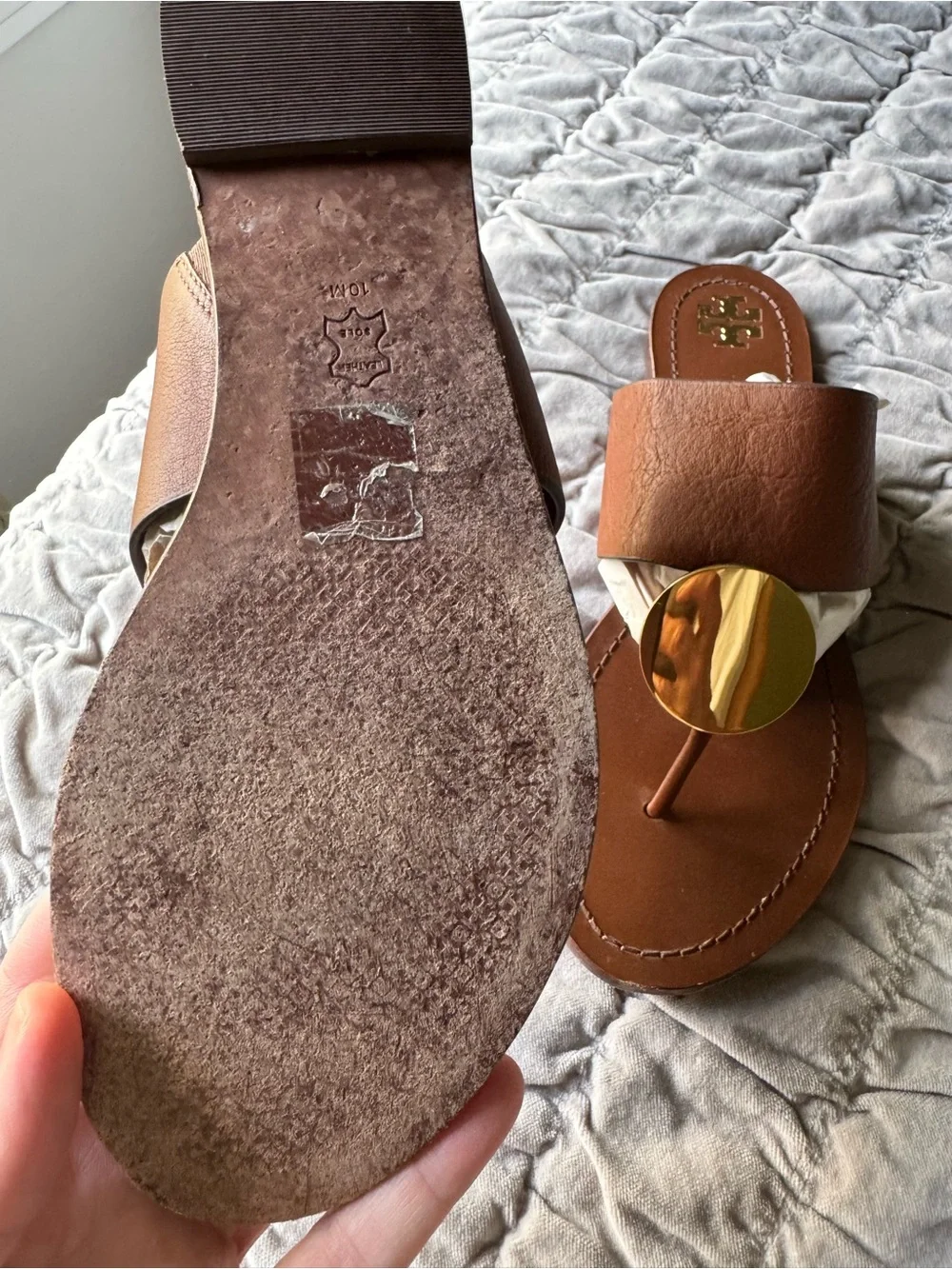 Tory Burch Brown Leather Toe-Post Sandals with Gold Disc
